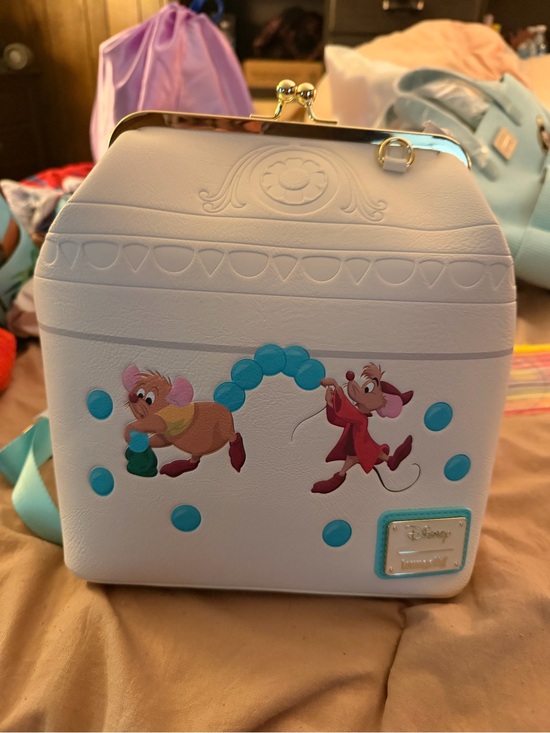 Loungefly Handbags - Loungefly White Cinderella Gus & Jaq Kiss-Lock Mini Backpack with Teal Accents